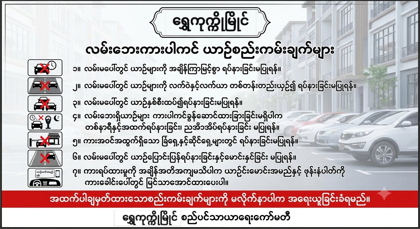 ရွှေကုက္ကိုမြိုင် လမ်းဘေးကားပါကင်ယာဉ်စည်းကမ်းချက်များထုတ်ပြန်ခြင်း
